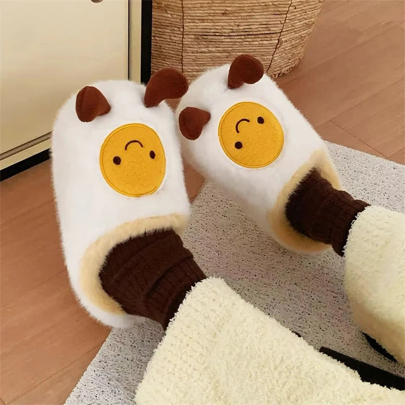 Winter Couple Home Slippers Fun Cute Croissant Non-Slip Thick-Soled Cotton Slippers for Men Women Comfortable Soft Home Slippers
