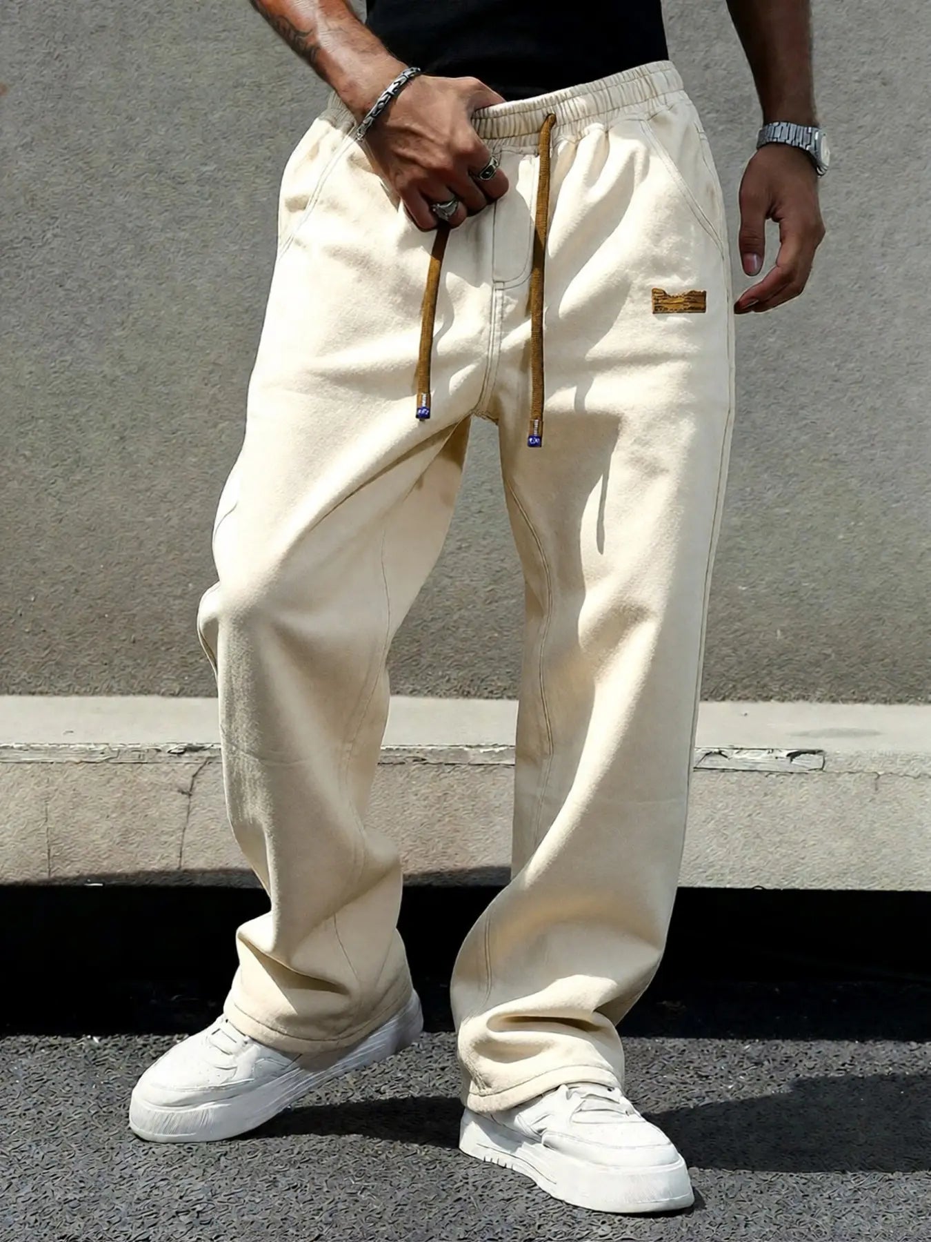 Men'S Four-Season Drawstring Elastic Waist Washed and Distressed Loose Straight Jeans, Non-Stretchy Denim Pants, Comfortable and Loose Fit. Suitable for Daily Casual Wear, Urban Gatherings, and Weekend Fashion Looks. a Must-Have Trendy Men'S Pants 🔥