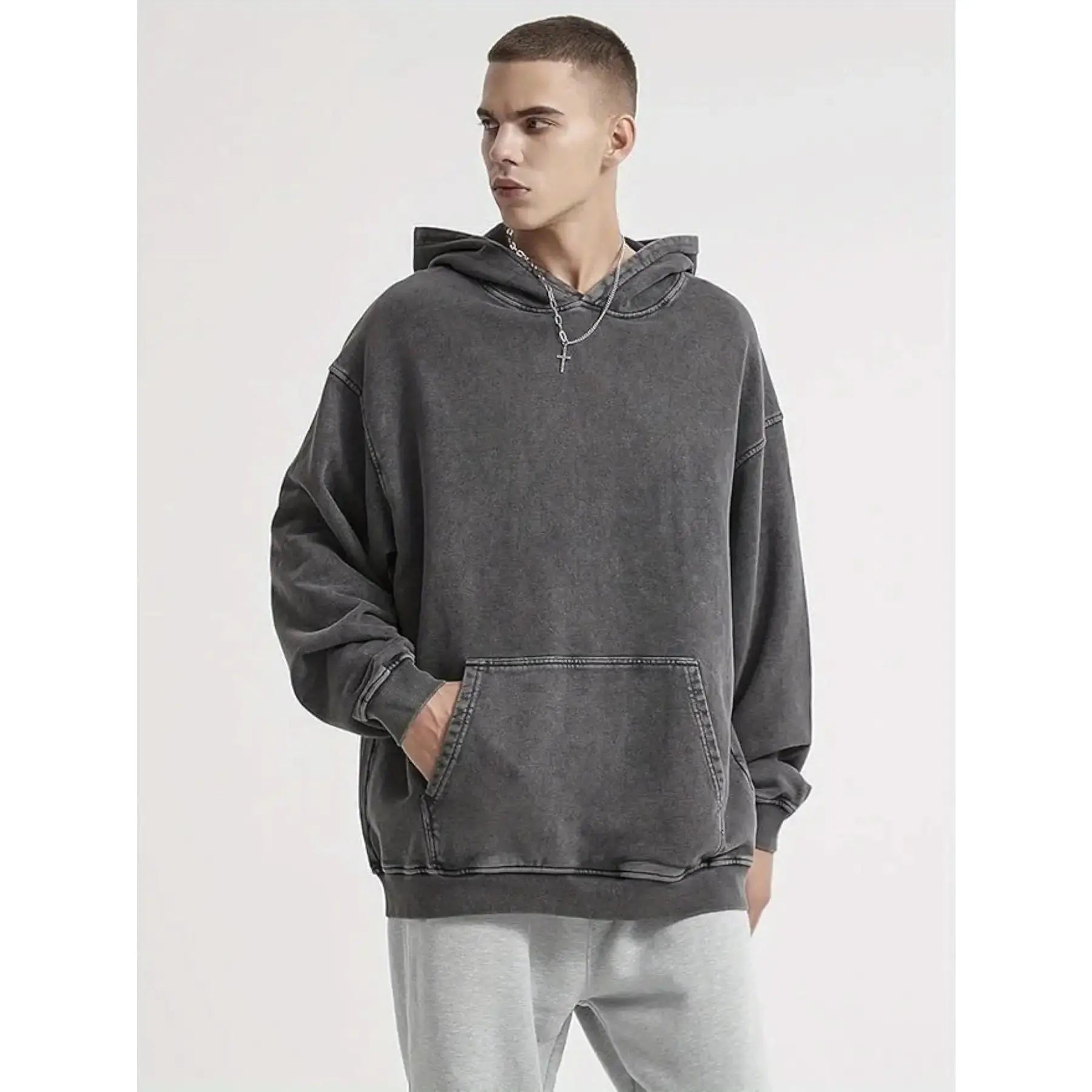 Vintage Washed Hoodie - Trendy Unisex Drop-Shoulder Sweatshirt for Effortless Style