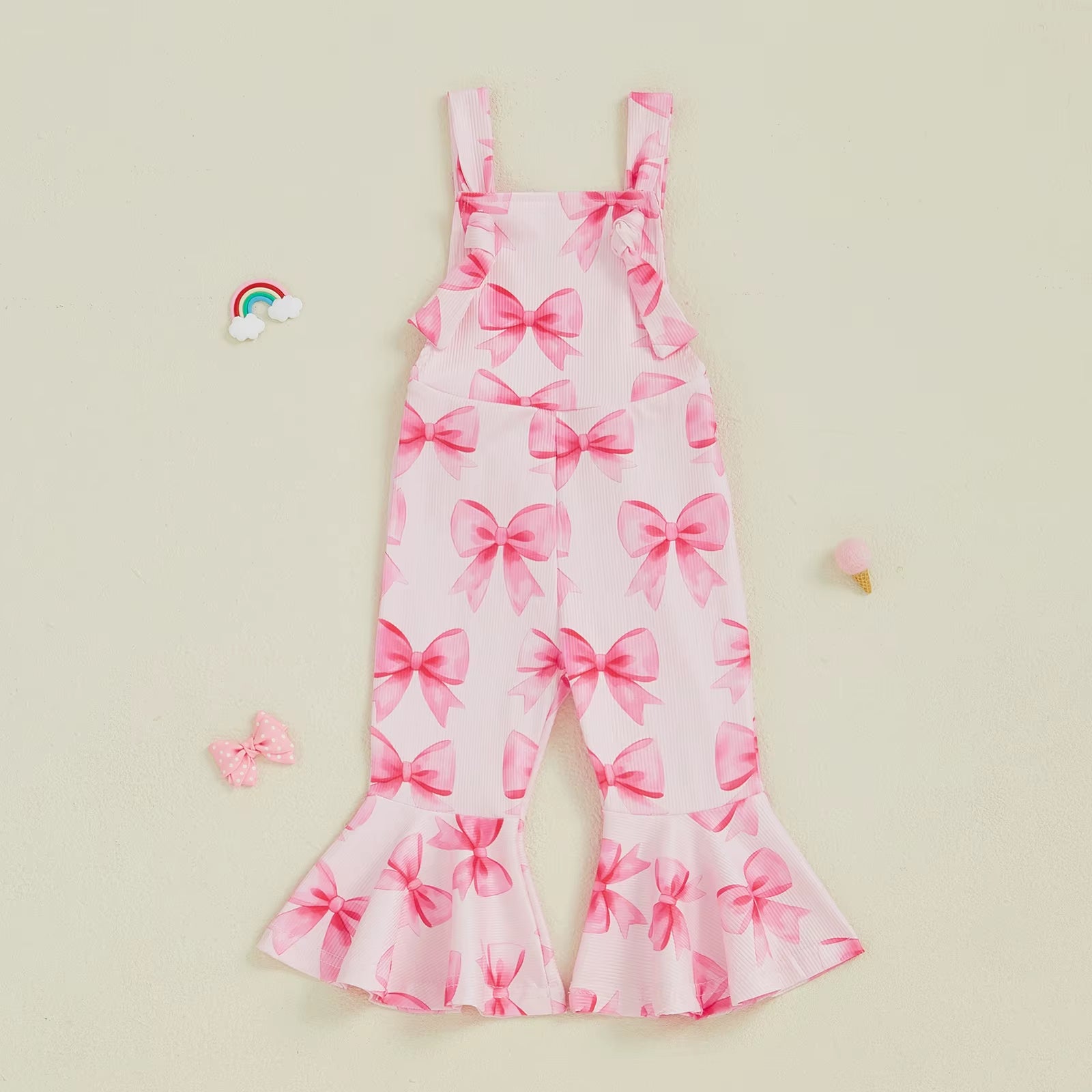 Oddler Girl Bell-Bottom Jumpsuit Bow/Watermelon/Strawberry Square Neck Knotted Flare Pants Overalls Baby Summer Clothes