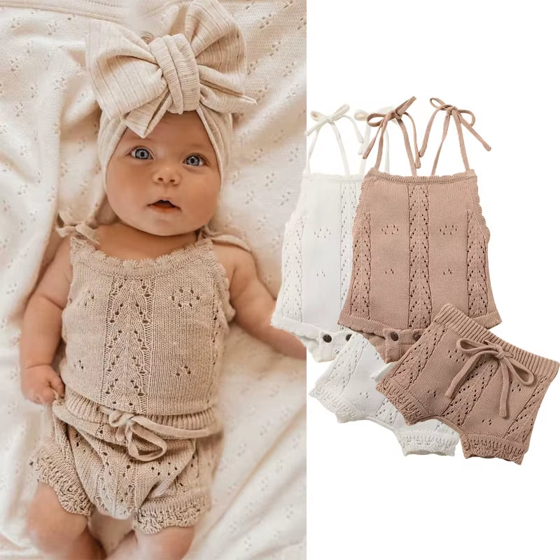 Kids Baby Summer Clothes for Newborn Baby Boys Girls Solid Lace-Up Knitted Backless Rompers+Drawstring Shorts Beach Outfits Sets