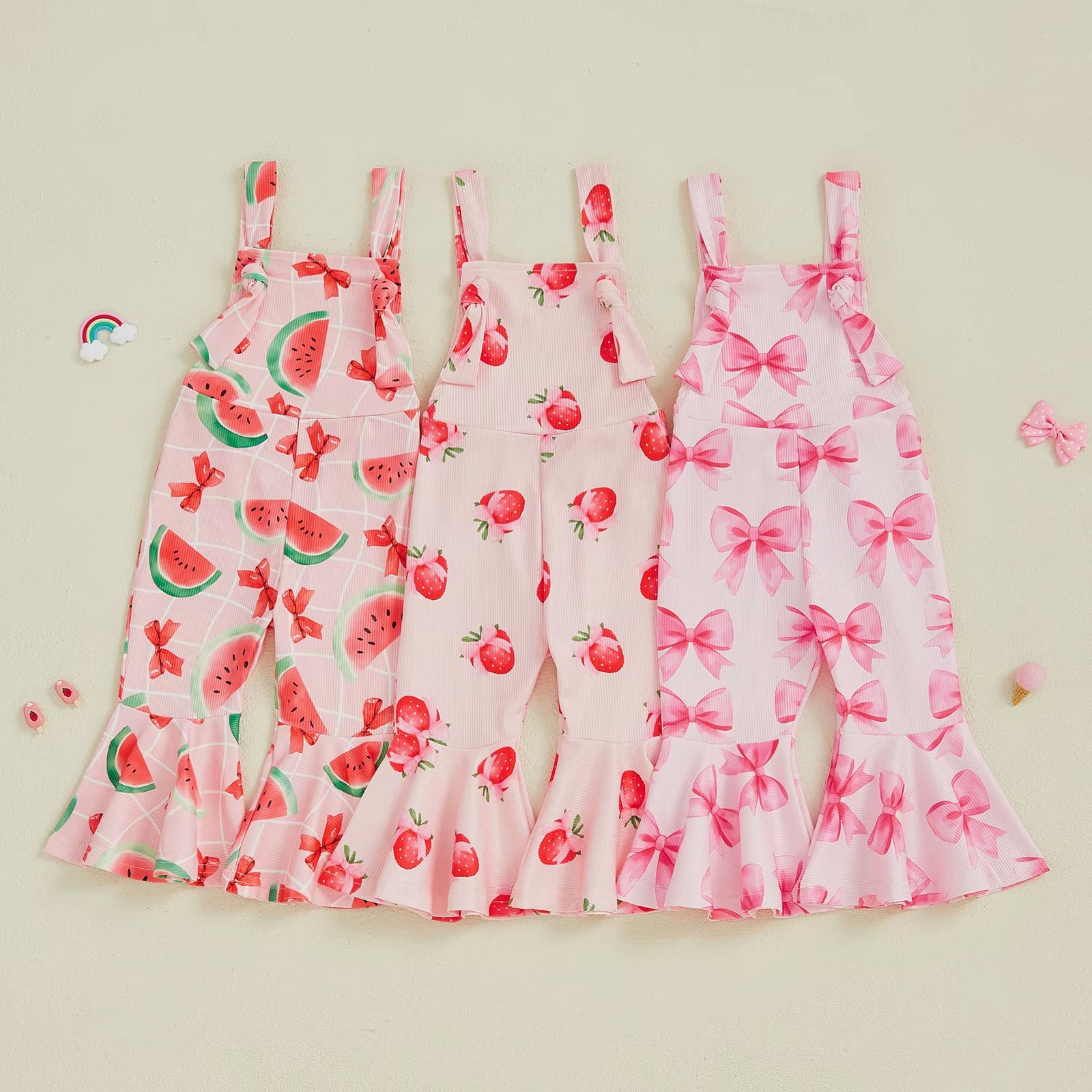 Oddler Girl Bell-Bottom Jumpsuit Bow/Watermelon/Strawberry Square Neck Knotted Flare Pants Overalls Baby Summer Clothes