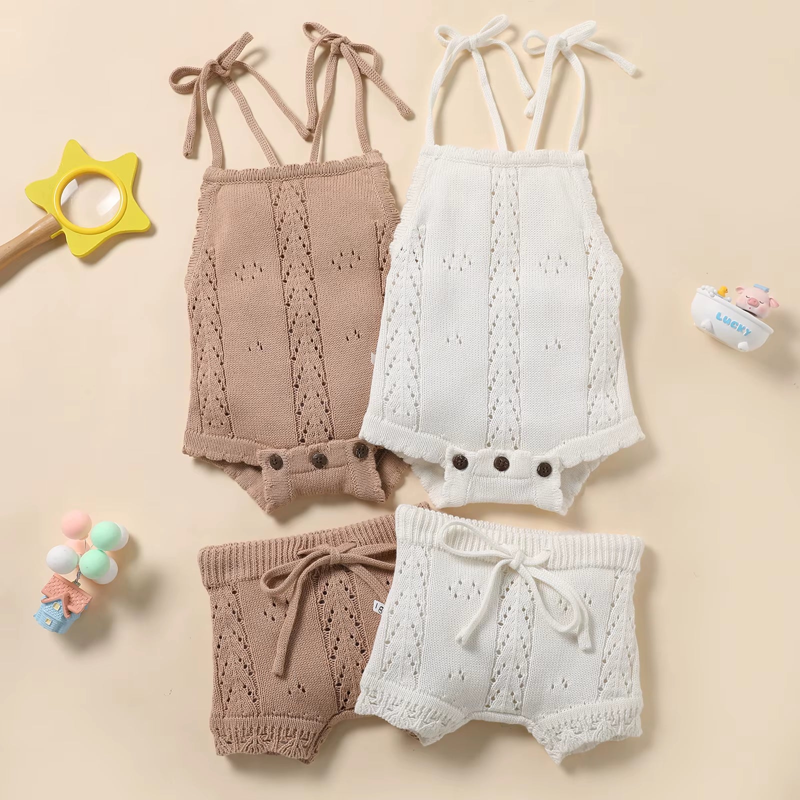 Kids Baby Summer Clothes for Newborn Baby Boys Girls Solid Lace-Up Knitted Backless Rompers+Drawstring Shorts Beach Outfits Sets