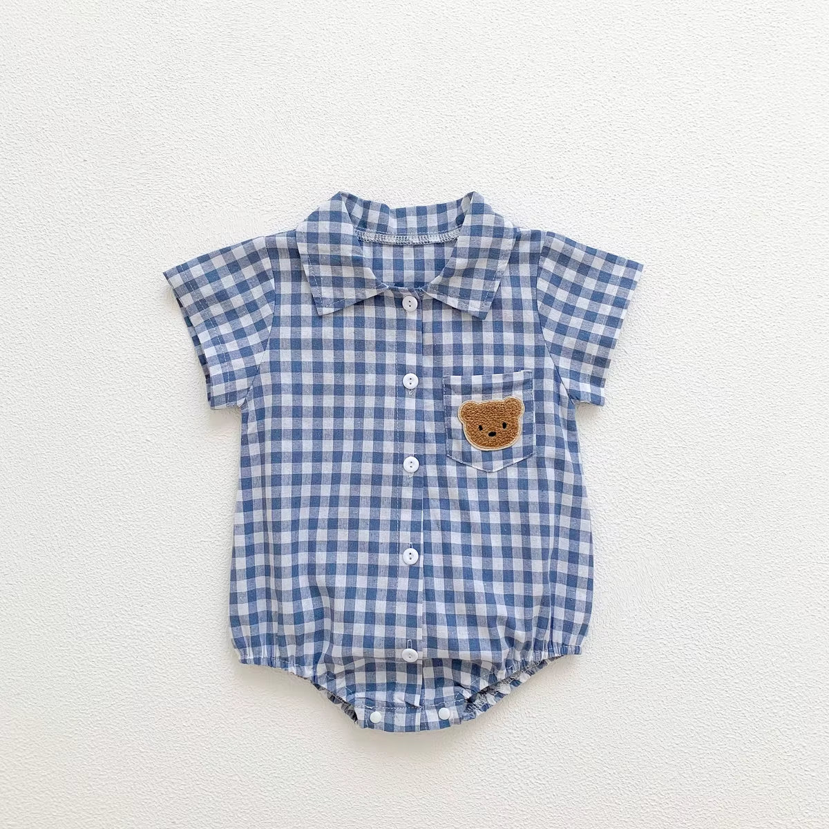 Baby Summer Clothes Boys Checked Bear Embroidered Shirt Collar Short-Sleeved Jumpsuit Children'S Clothing
