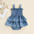 Baby Summer Clothes Girl Denim Romper Sleeveless Suspender Pleated Design Ruffle Hem Bottom Snap Button Cute Jumpsuit