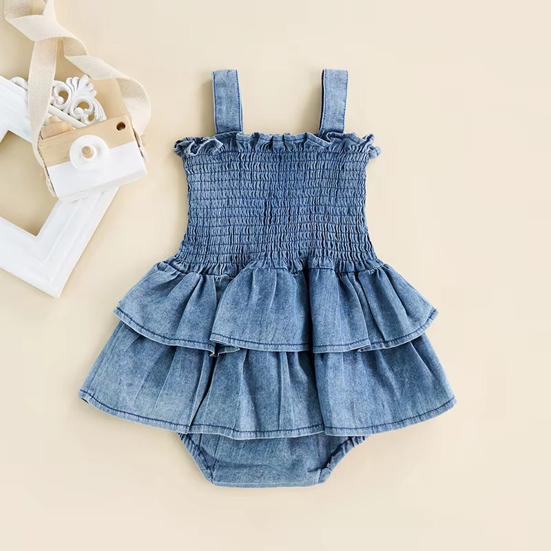 Baby Summer Clothes Girl Denim Romper Sleeveless Suspender Pleated Design Ruffle Hem Bottom Snap Button Cute Jumpsuit