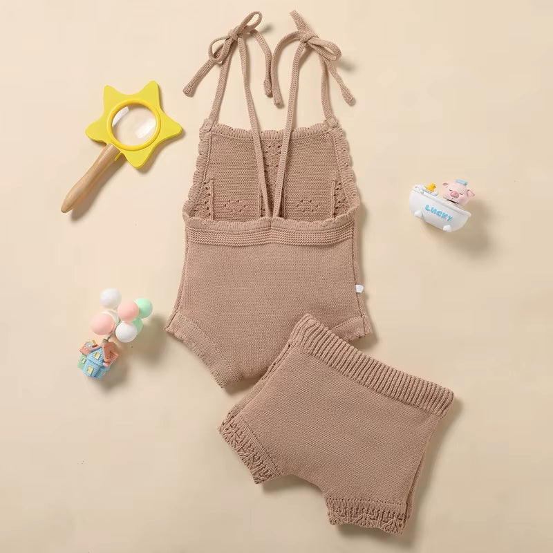 Kids Baby Summer Clothes for Newborn Baby Boys Girls Solid Lace-Up Knitted Backless Rompers+Drawstring Shorts Beach Outfits Sets