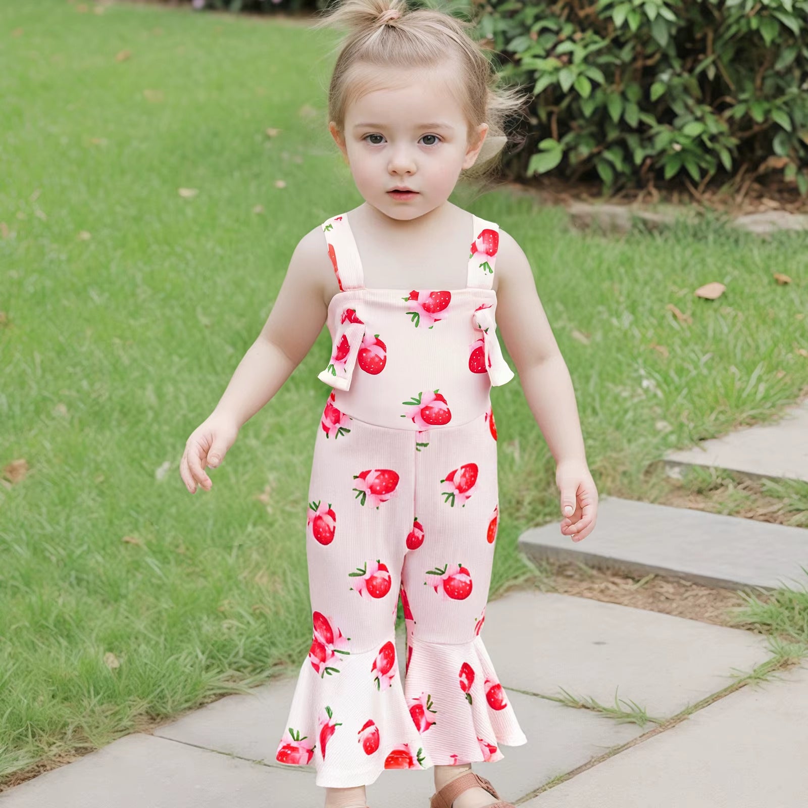 Oddler Girl Bell-Bottom Jumpsuit Bow/Watermelon/Strawberry Square Neck Knotted Flare Pants Overalls Baby Summer Clothes