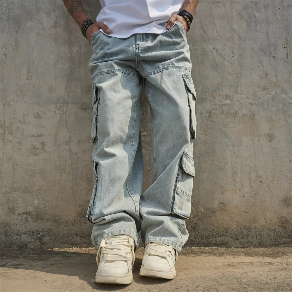 New Men Baggy Carpenter Jeans Streetwear Loose Multiple Pockets Cargo Trousers Male Stylish Solid Color Straight Denim Pants Menswear