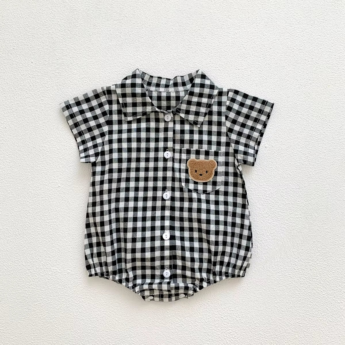 Baby Summer Clothes Boys Checked Bear Embroidered Shirt Collar Short-Sleeved Jumpsuit Children'S Clothing
