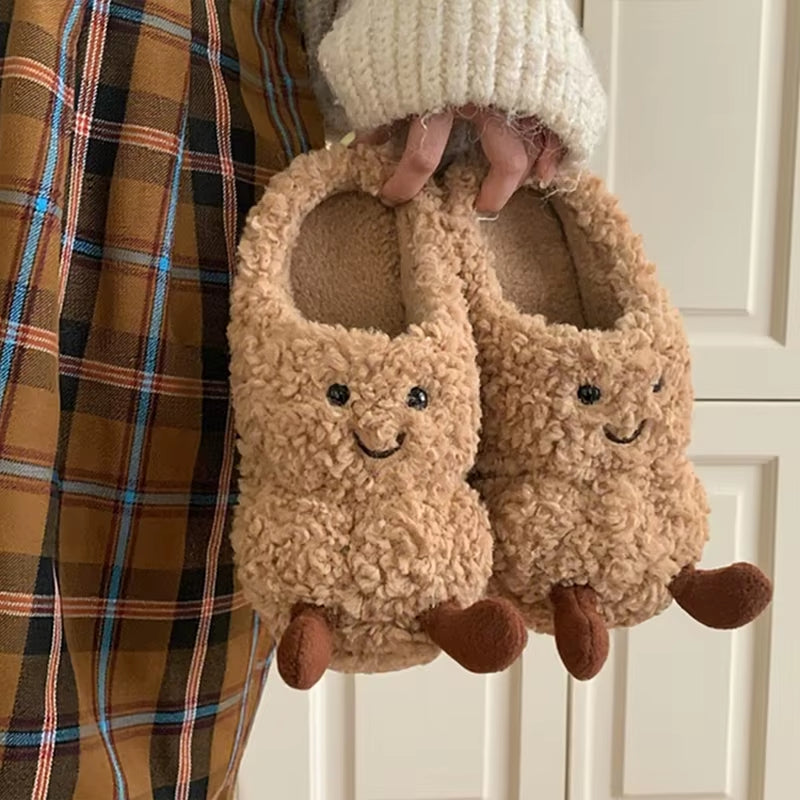 Winter Couple Home Slippers Fun Cute Croissant Non-Slip Thick-Soled Cotton Slippers for Men Women Comfortable Soft Home Slippers