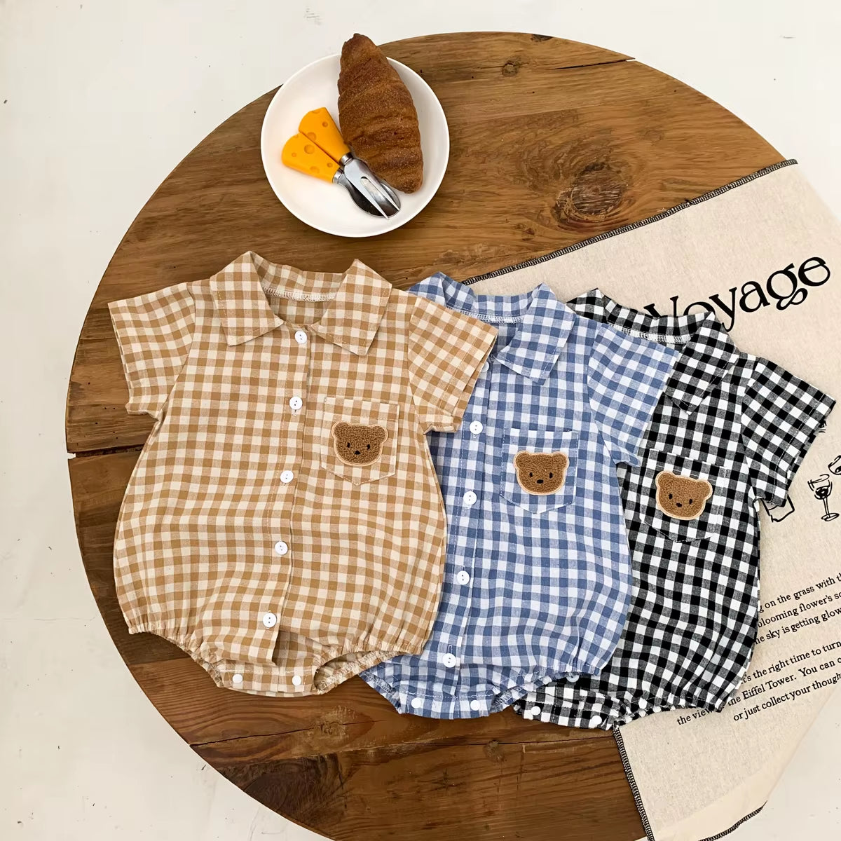 Baby Summer Clothes Boys Checked Bear Embroidered Shirt Collar Short-Sleeved Jumpsuit Children'S Clothing