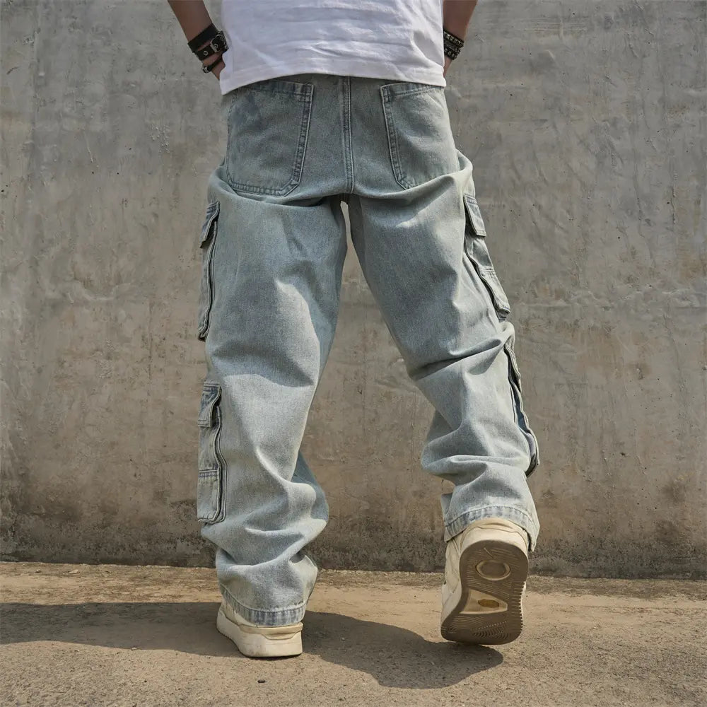 New Men Baggy Carpenter Jeans Streetwear Loose Multiple Pockets Cargo Trousers Male Stylish Solid Color Straight Denim Pants Menswear