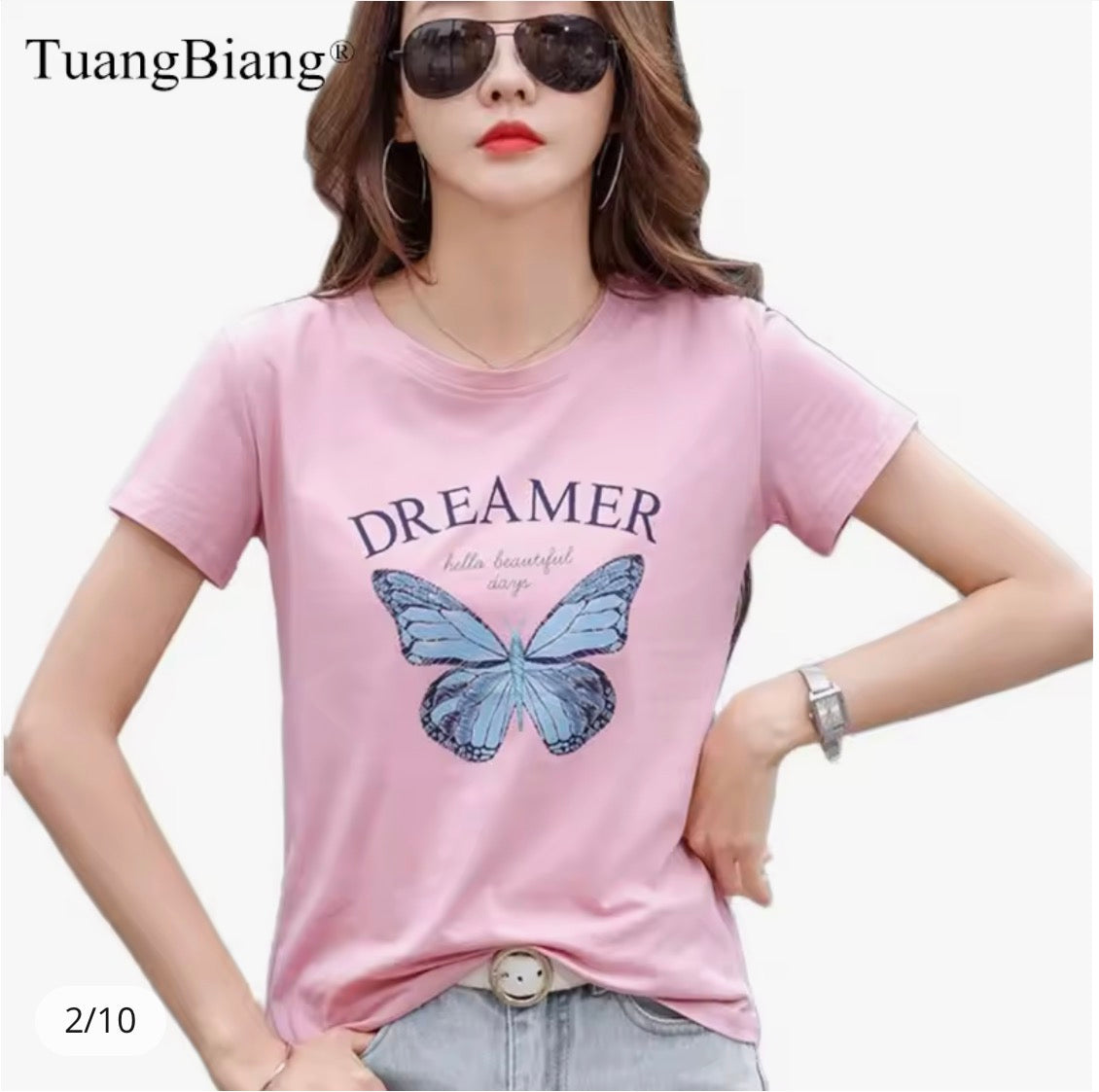 Butterfly Printing Women Summer Cotton Pink T-Shirt Casual Fashion Loose Short Sleeve Tshirts O-Neck Soft High Quality