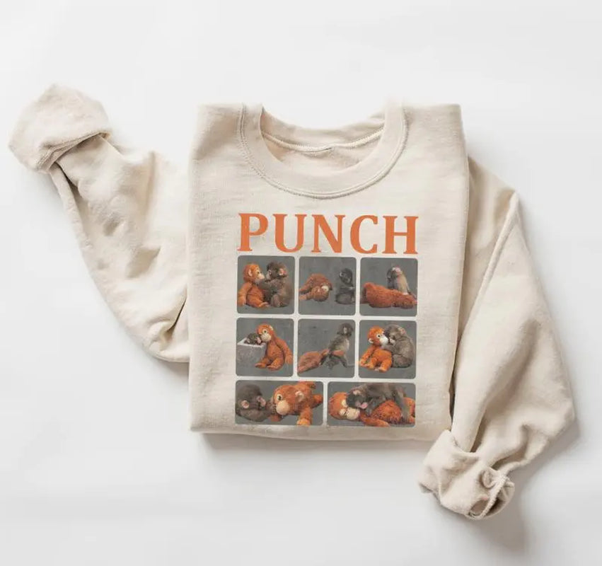 Adorable Monkey Punch Graphic T-Shirt – Cozy Baby Monkey Plush Sweatshirt & Cute Animal Lover Hoodie for All Seasons
