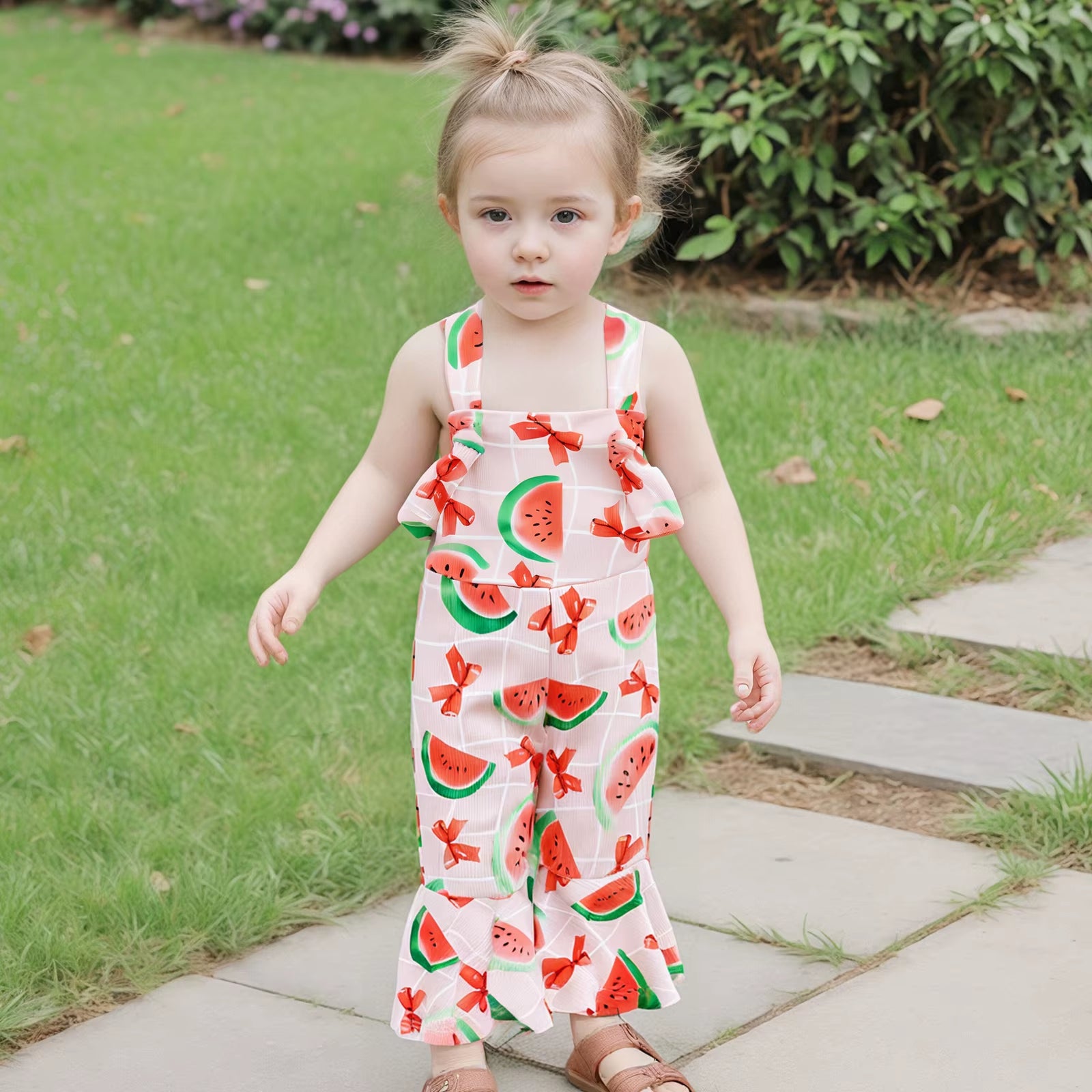 Oddler Girl Bell-Bottom Jumpsuit Bow/Watermelon/Strawberry Square Neck Knotted Flare Pants Overalls Baby Summer Clothes