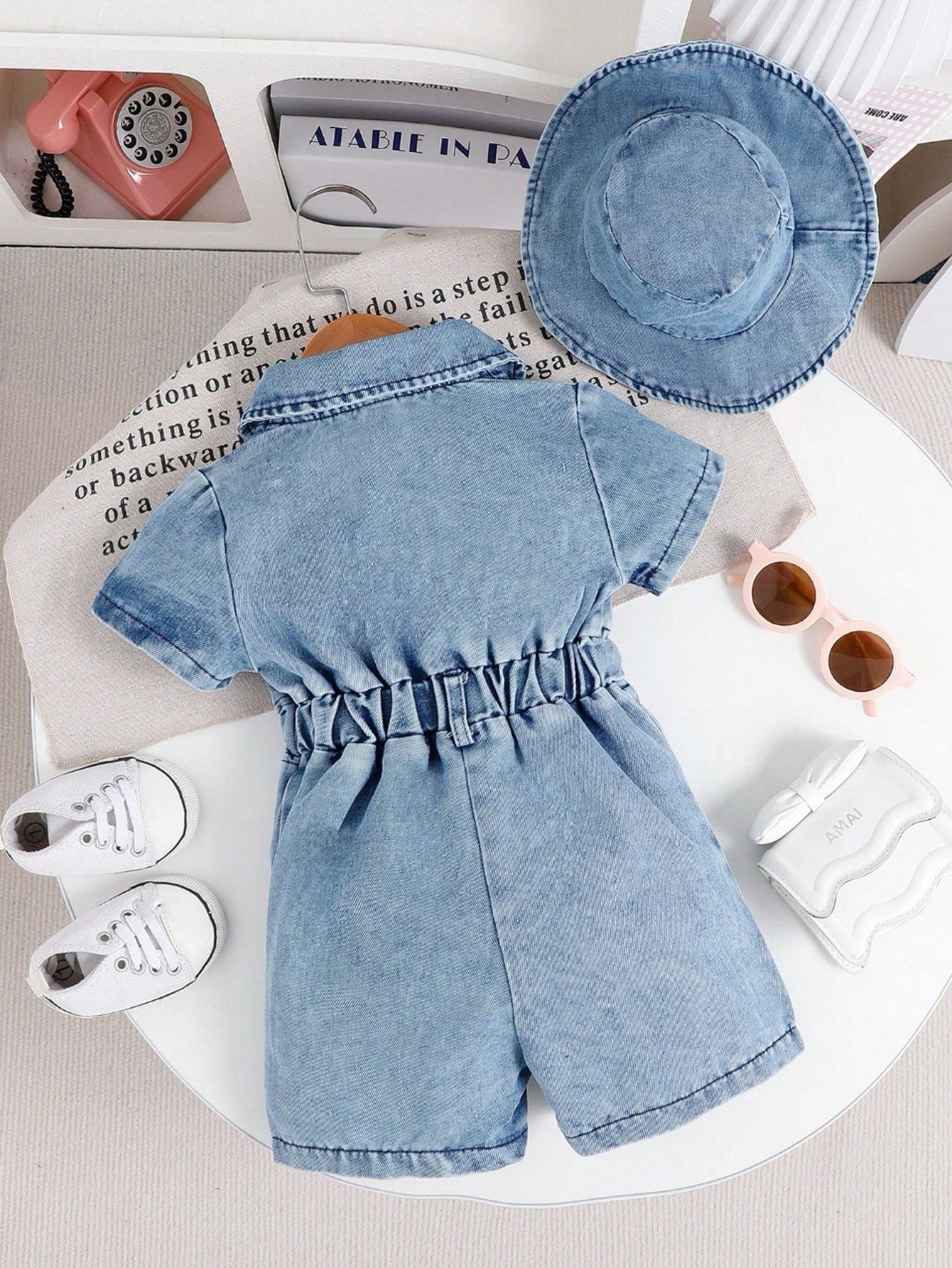 Playful Pals (Girl) Elegant Fashion Casual Simple Denim Short Sleeve Romper Paired with Bucket Hat, Summer Outfit Clothes Baby Girl Clothes Denim Baby Summer Clothes Girl Summer Outfits for Baby Girl Baby Clothes