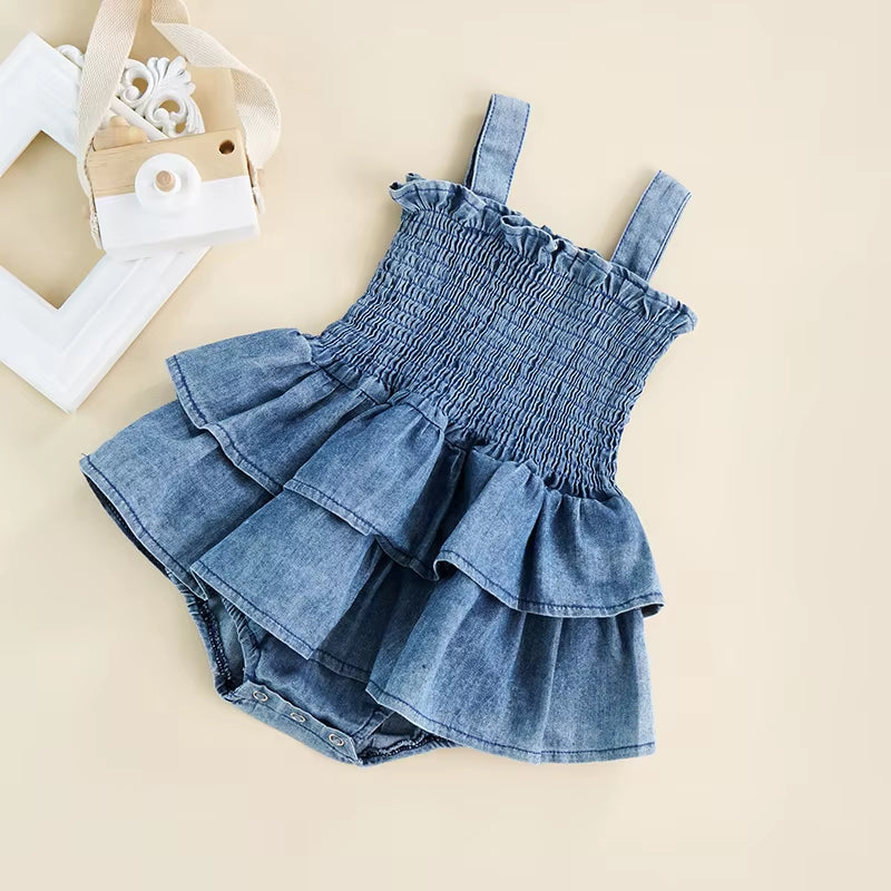 Baby Summer Clothes Girl Denim Romper Sleeveless Suspender Pleated Design Ruffle Hem Bottom Snap Button Cute Jumpsuit