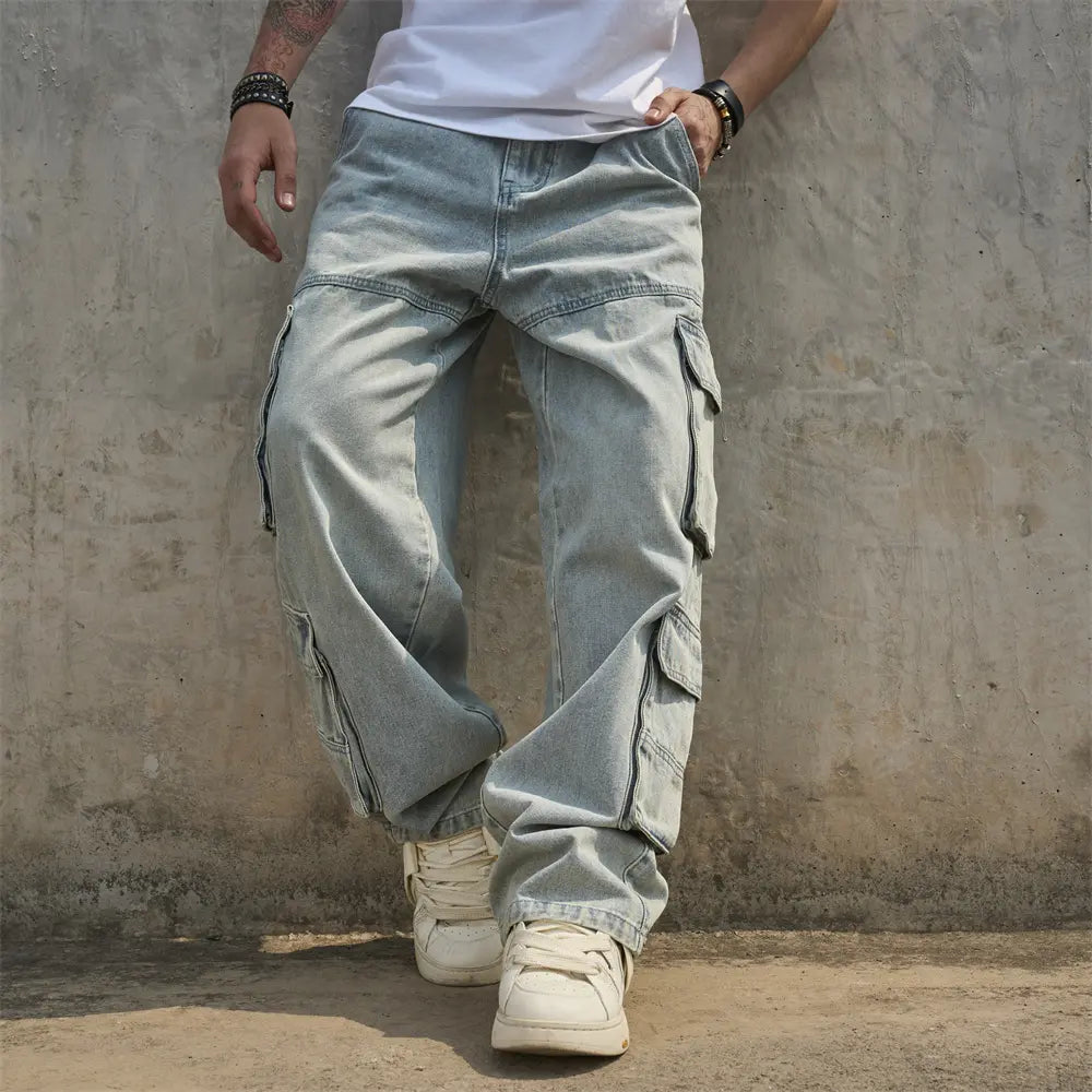New Men Baggy Carpenter Jeans Streetwear Loose Multiple Pockets Cargo Trousers Male Stylish Solid Color Straight Denim Pants Menswear