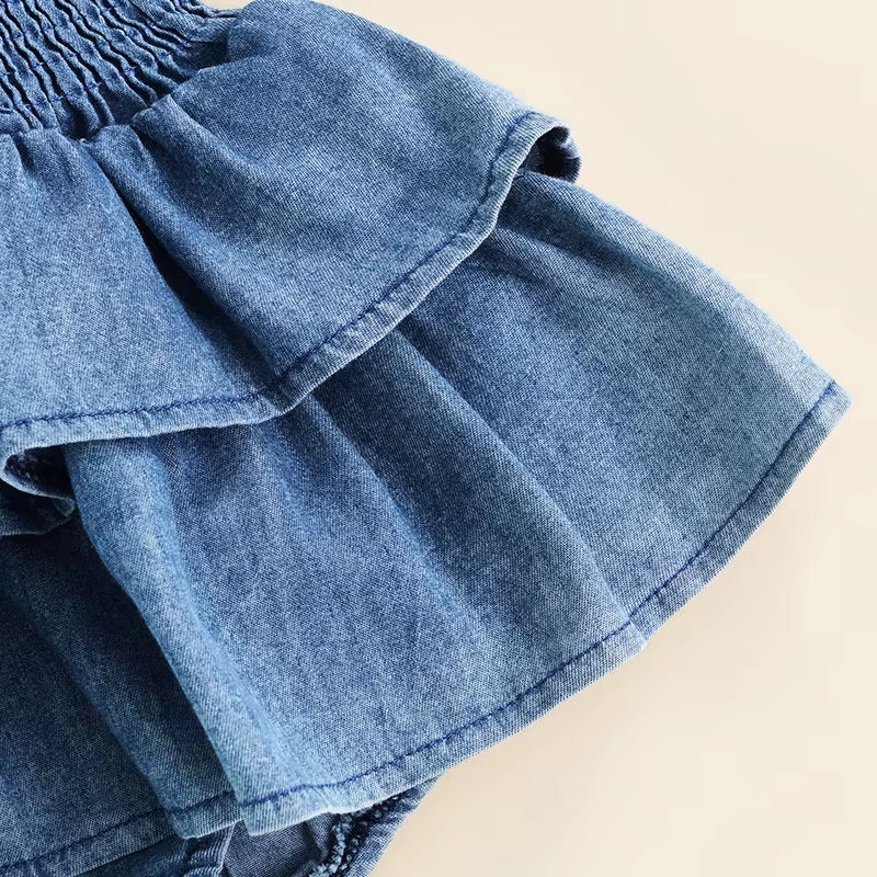 Baby Summer Clothes Girl Denim Romper Sleeveless Suspender Pleated Design Ruffle Hem Bottom Snap Button Cute Jumpsuit