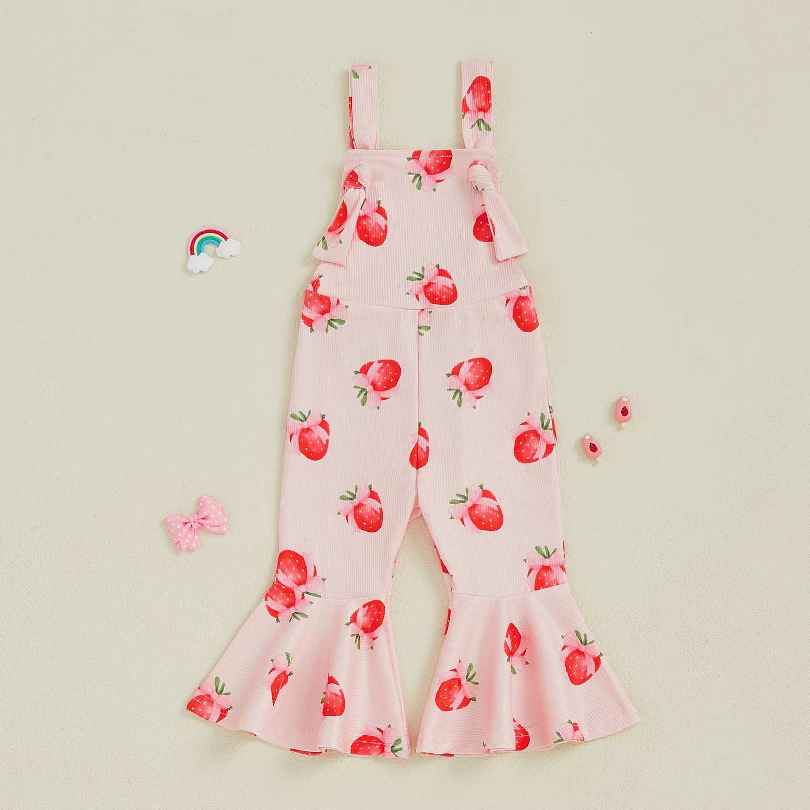 Oddler Girl Bell-Bottom Jumpsuit Bow/Watermelon/Strawberry Square Neck Knotted Flare Pants Overalls Baby Summer Clothes
