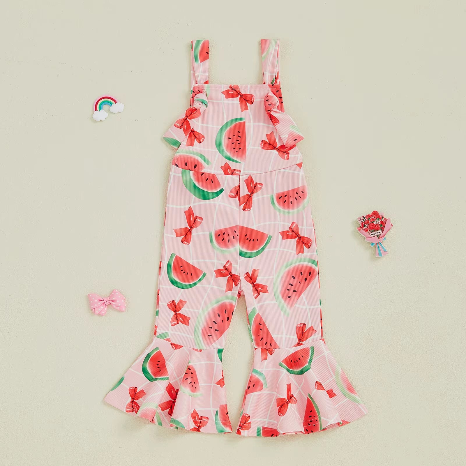 Oddler Girl Bell-Bottom Jumpsuit Bow/Watermelon/Strawberry Square Neck Knotted Flare Pants Overalls Baby Summer Clothes