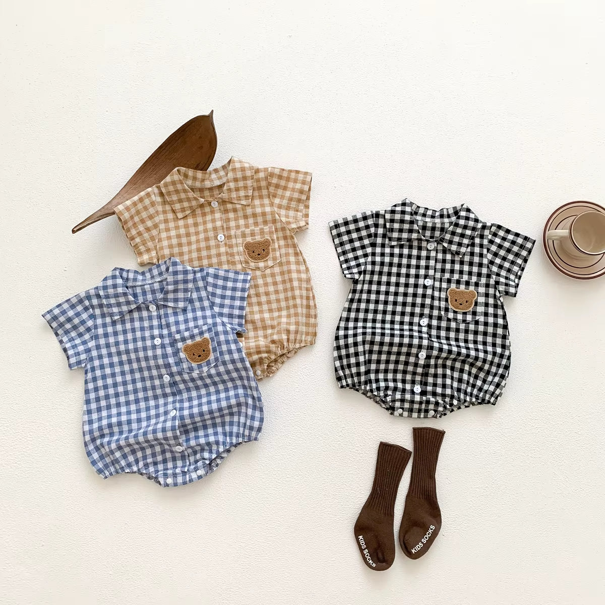 Baby Summer Clothes Boys Checked Bear Embroidered Shirt Collar Short-Sleeved Jumpsuit Children'S Clothing