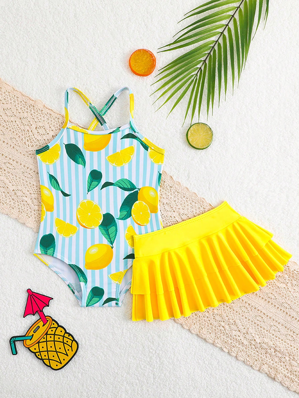 1Pc Baby/Girl Strawberry Print Swimsuit with Skirt Yellow Outfit Baby Yellow Dress Baby Summer Baby Clothes Girl Baby Summer Clothes Girl Summer Baby Girl Clothes