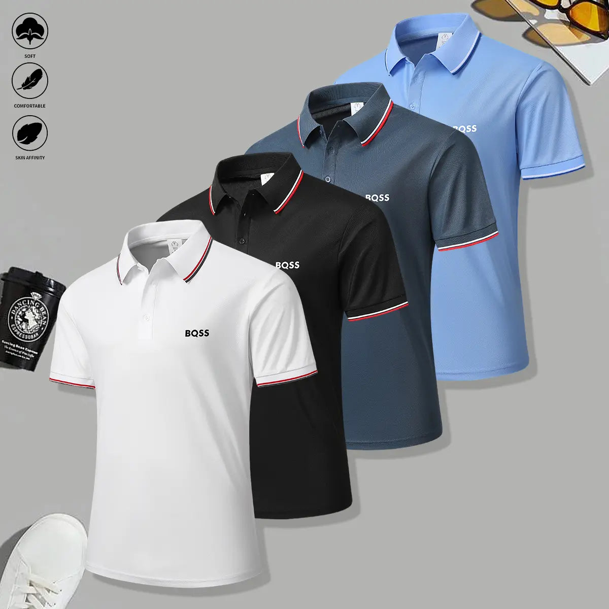 Elevate Your Wardrobe with Our 4-Pack of Men's Casual Short-Sleeved Polo Shirts - Perfectly Breathable and Stylish for Every Season!