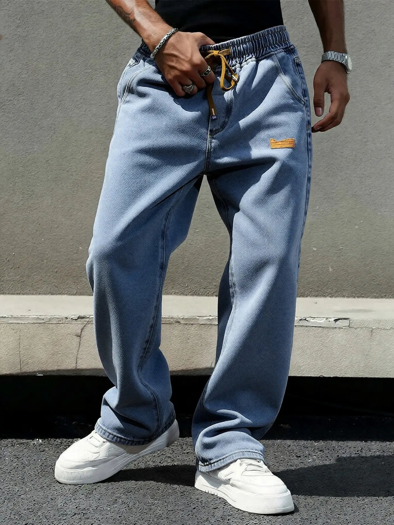 Men'S Four-Season Drawstring Elastic Waist Washed and Distressed Loose Straight Jeans, Non-Stretchy Denim Pants, Comfortable and Loose Fit. Suitable for Daily Casual Wear, Urban Gatherings, and Weekend Fashion Looks. a Must-Have Trendy Men'S Pants 🔥