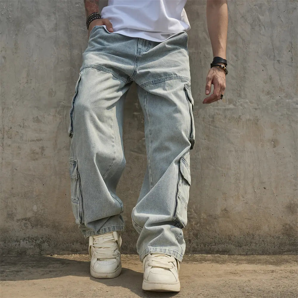 New Men Baggy Carpenter Jeans Streetwear Loose Multiple Pockets Cargo Trousers Male Stylish Solid Color Straight Denim Pants Menswear
