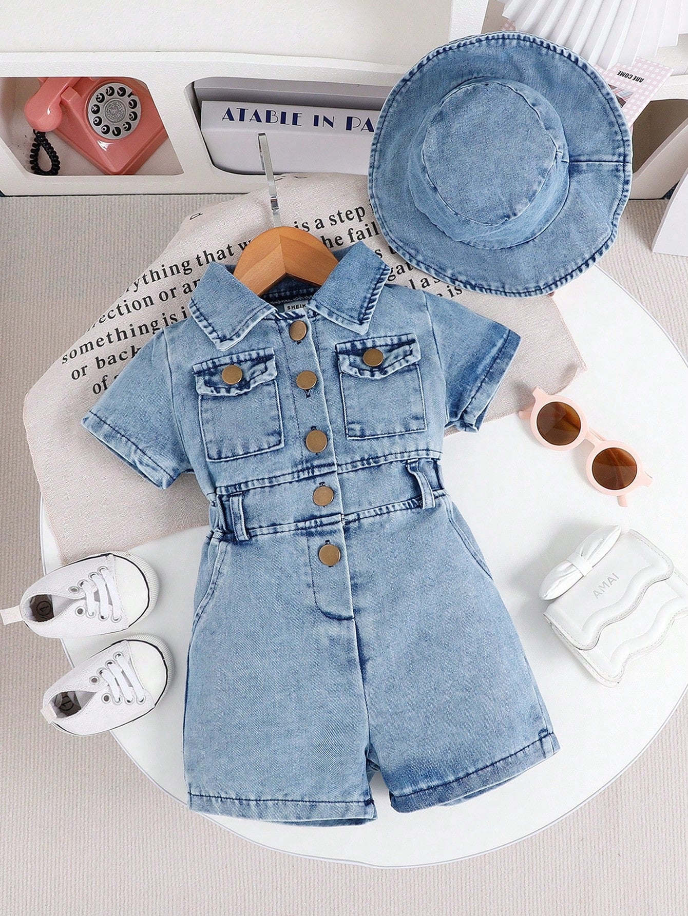 Playful Pals (Girl) Elegant Fashion Casual Simple Denim Short Sleeve Romper Paired with Bucket Hat, Summer Outfit Clothes Baby Girl Clothes Denim Baby Summer Clothes Girl Summer Outfits for Baby Girl Baby Clothes