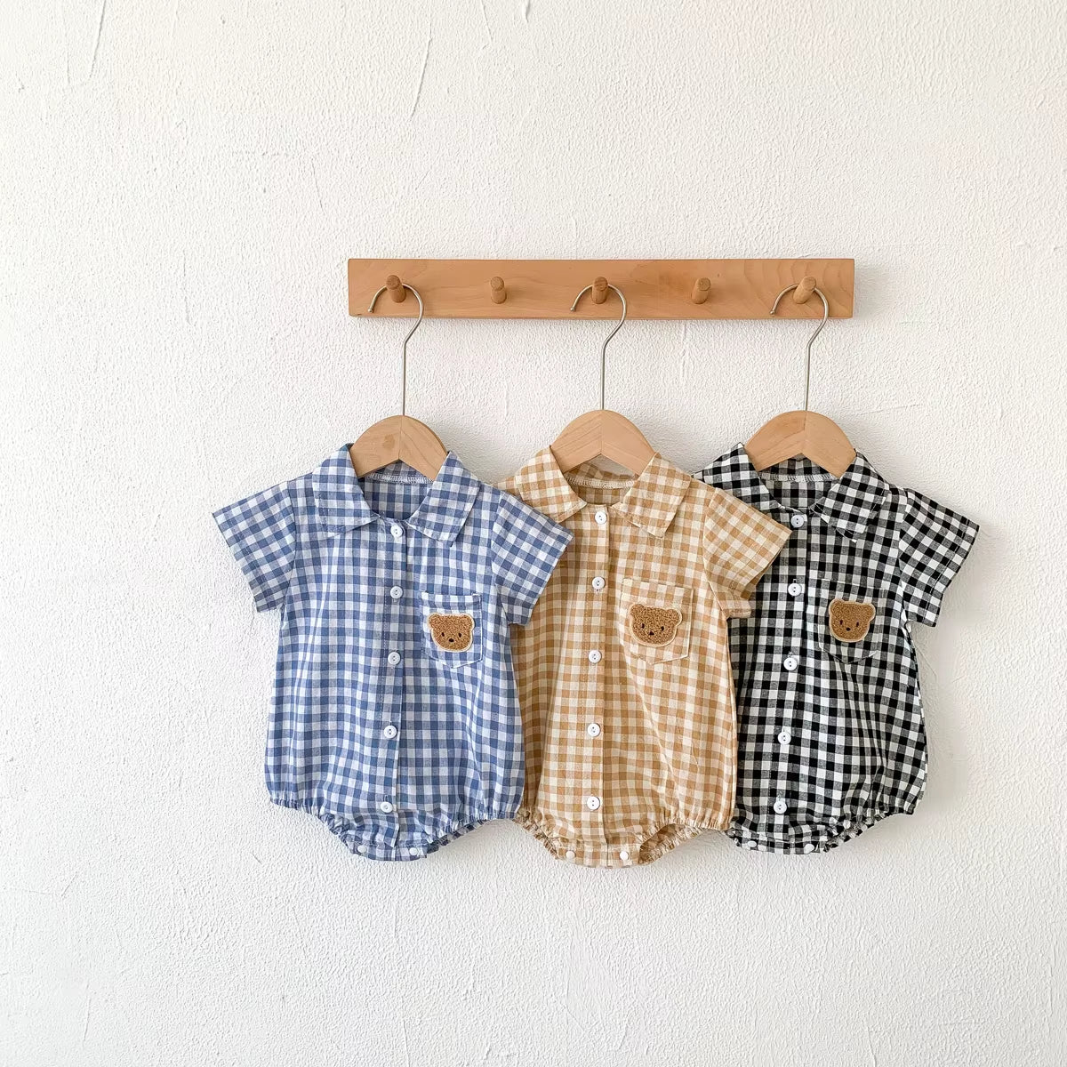 Baby Summer Clothes Boys Checked Bear Embroidered Shirt Collar Short-Sleeved Jumpsuit Children'S Clothing